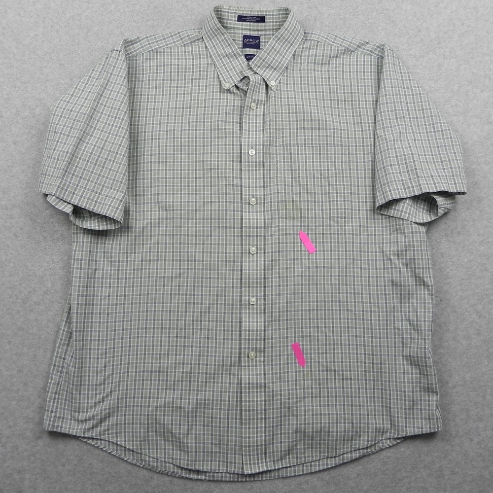 Arrow Shirt Mens XL 17-17.5 Wrinkle Free Pocket Button Green Plaid Short Sleeve